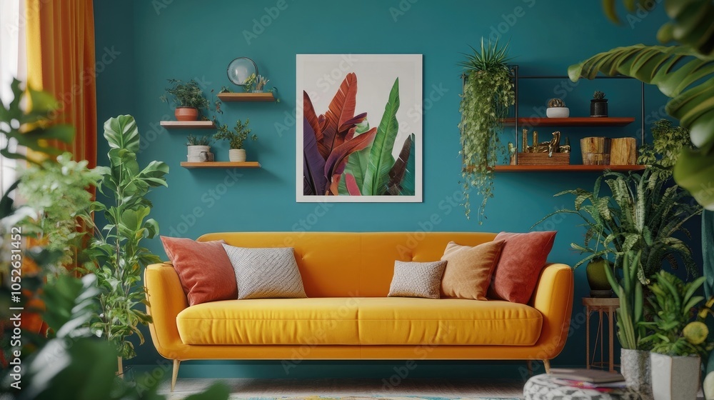 Modern colorful living room with boucle sofa, mock-up poster, shelf, plants, and personal accessories for home decor Modern colorful living room with boucle sofa, mock-up poster, shelf, plants, and personal accessories for home decor