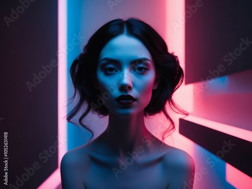 Enigmatic Beauty with Neon Red and Blue Lights. photo