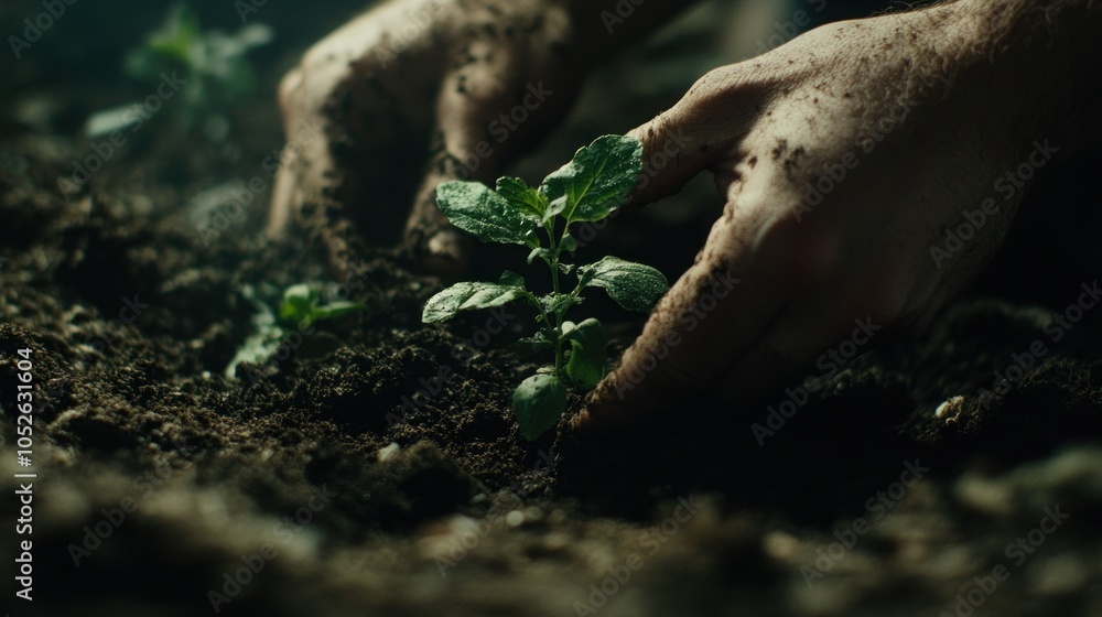 Obraz premium Close-up of hands planting a seedling in rich soil.