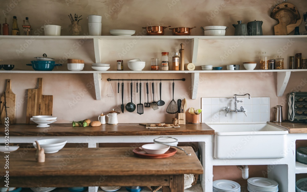 Rustic kitchen with wooden countertop, open shelving, white sink, and various kitchenware. Rustic kitchen with wooden countertop, open shelving, white sink, and various kitchenware.