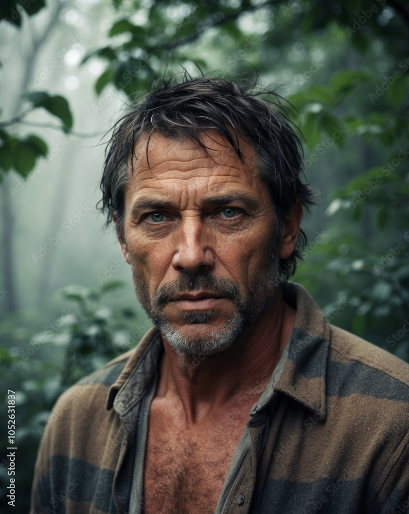 Rugged man with intense expression in forest. Rugged man with intense expression in forest.