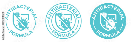 Antibacterial formula stamp - shield with crossed bacteries inside - vector isolated sign for antiseptic cosmetics and medical pharmaceutical products