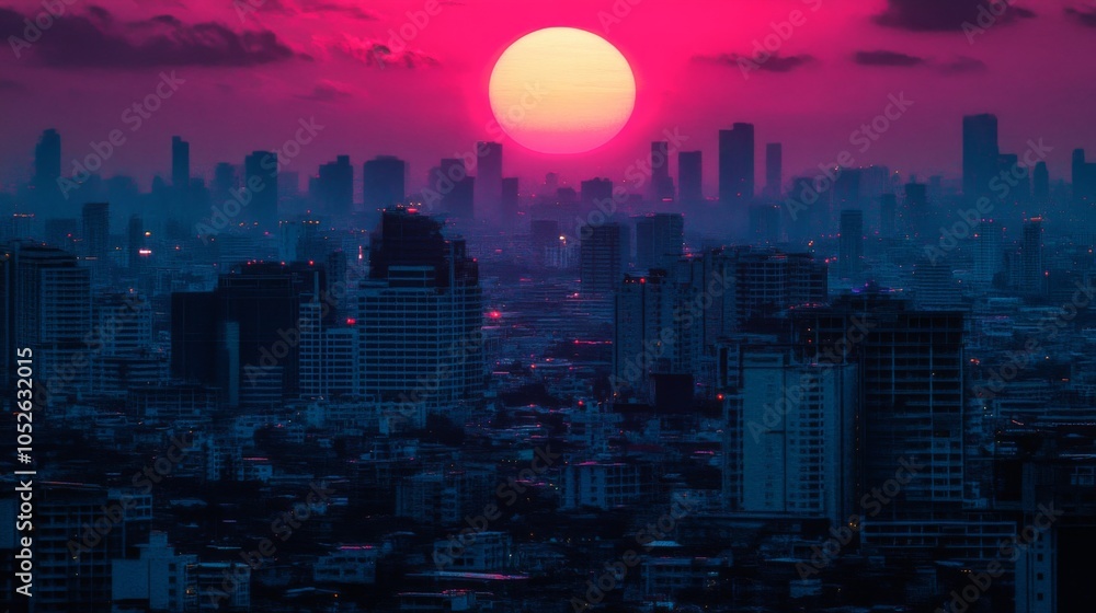 Fototapeta premium Vibrant Sunset Over City Skyline at Dusk