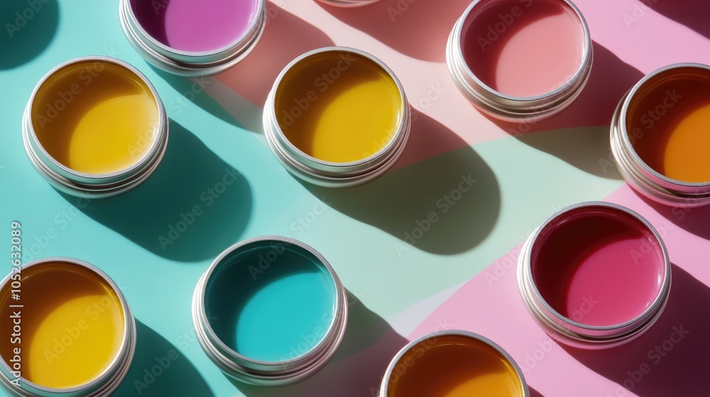 Colorful lip balms in circular tin containers with shadow effect mockup presentation Colorful lip balms in circular tin containers with shadow effect mockup presentation