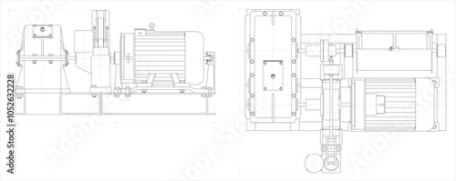 Assembly drawing of electrical reducer.
Vector design of steel mechanical device with shaft, gear, 
electric engine, bolt connection and dimension lines.
Engineering technic computer cad scheme.