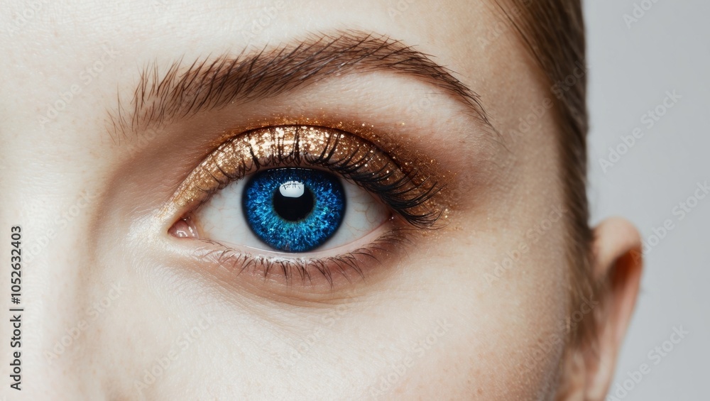 Naklejka premium Closeup of a Beautiful Blue Eye with Sparkling Glitter Makeup.