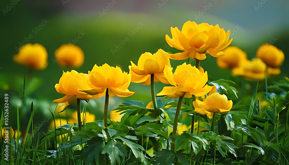 Obraz premium asian globeflowers bloom naturally yellow flowers calm spring day