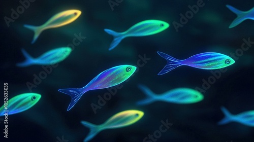  Fish group swimming on dark blue-green sea background with bottom light