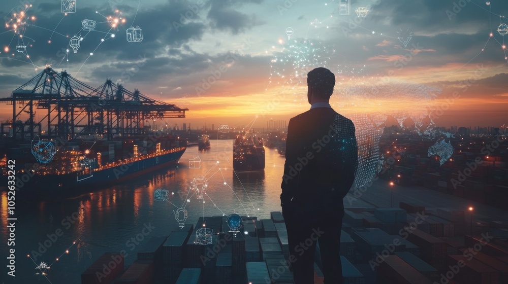 Fototapeta premium Businessman Overlooking Shipping Port at Sunset