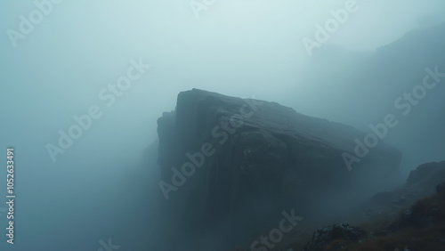 Mysterious foggy rocky landscape with a large cliff shrouded in mist