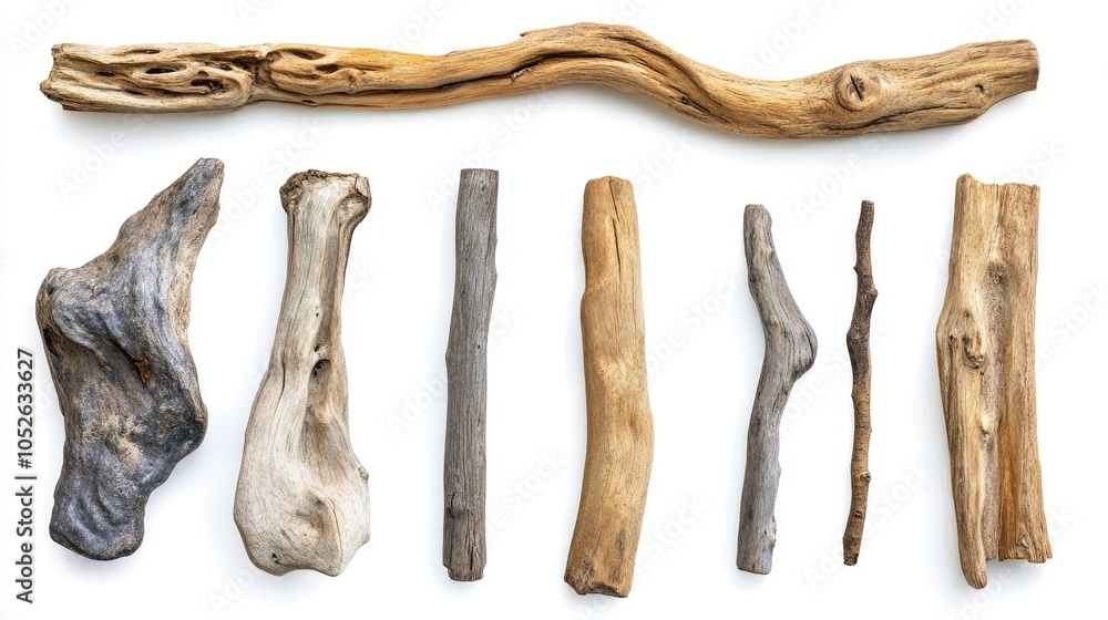 Collection of assorted driftwood pieces displayed on a white background Isolated and clipped for emphasis Collection of assorted driftwood pieces displayed on a white background Isolated and clipped for emphasis