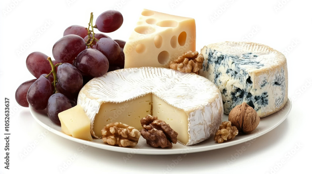 A cheese plate featuring Camembert, brie, and blue cheese, accompanied by grapes and walnuts, isolated on a white background for a refined presentation. A cheese plate featuring Camembert, brie, and blue cheese, accompanied by grapes and walnuts, isolated on a white background for a refined presentation.