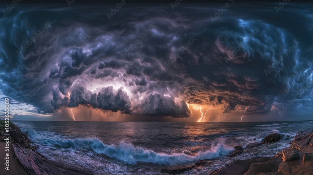 Fototapeta premium Lightning Strikes Over the Ocean, Dramatic Storm Clouds, Waves Crashing on Rocky Coastline