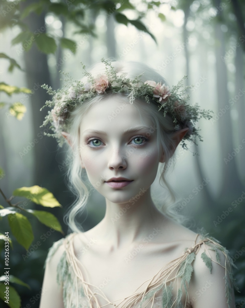 mystical forest spirit with floral crown. mystical forest spirit with floral crown.