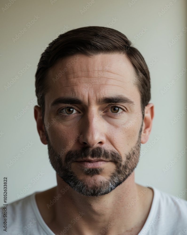 Fototapeta premium Thoughtful man with beard and intense gaze.