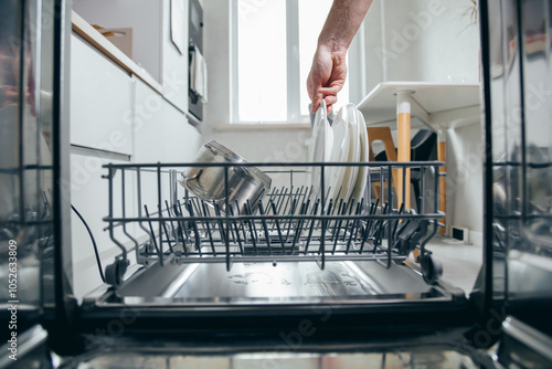 Male hand putting dirty plate in dishwasher, view from inside dishwasher. Household chores, man washing dishes