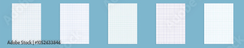 Grid paper set. Realistic blank lined paper sheet in A4 format. Squared background with color graph. Geometric pattern for school, wallpaper, textures, notebook. Lined blank on transparent background