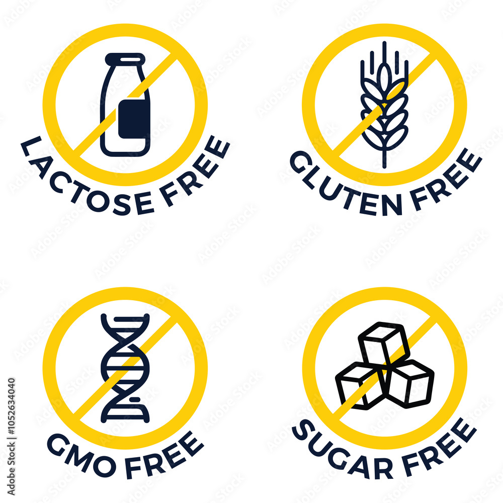 Lactose free sign, Sugar free, Gluten free, GMO free - set of vector attention tags - food packaging decoration element for healthy natural organic nutrition Lactose free sign, Sugar free, Gluten free, GMO free - set of vector attention tags - food packaging decoration element for healthy natural organic nutrition