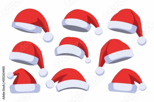 A collection of Santa Claus hats in various styles and angles, with bright red and white colors, isolated on a transparent background	