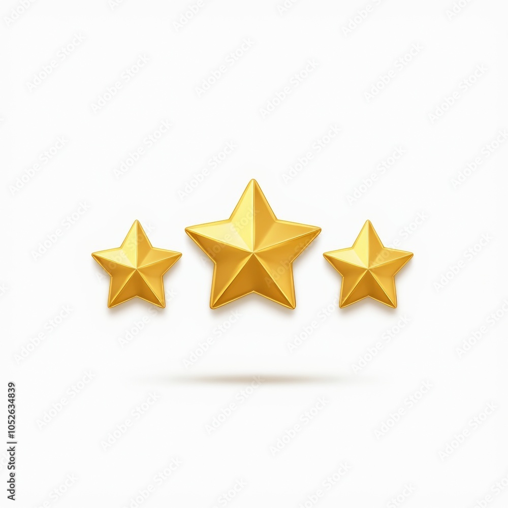 Three star rating review icon, golden 3 stars in a row, isolated on white transparent background Three star rating review icon, golden 3 stars in a row, isolated on white transparent background