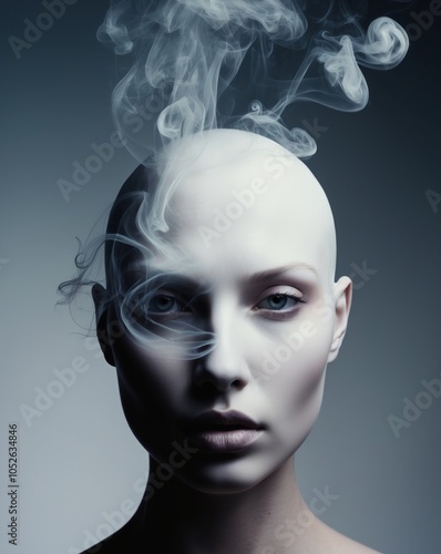 A tight shot of a haunting face with smoke issuing from its upper half and lower eye area. photo