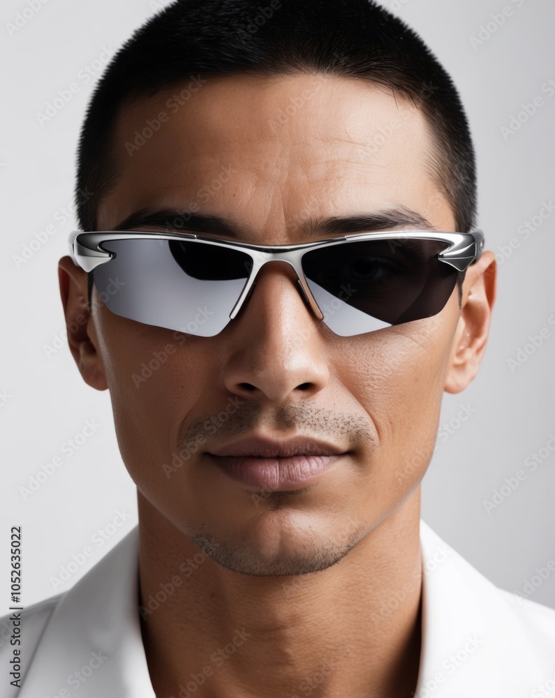 close up of a man wearing futuristic sunglasses.