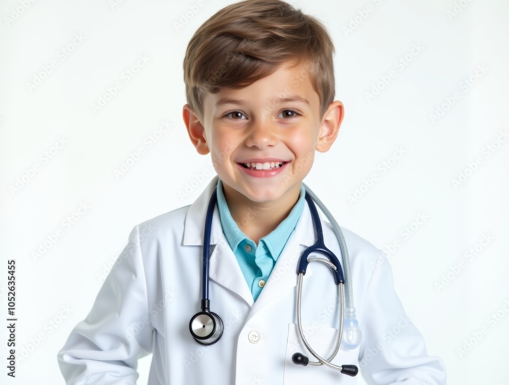 Portrait of a smiling young boy dressed as a doctor, wearing a white medical coat with stethoscope, isolated on transparent background. Portrait of a smiling young boy dressed as a doctor, wearing a white medical coat with stethoscope, isolated on transparent background.