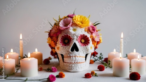 Day of the Dead Sugar Skull with Flowers and Candles. photo