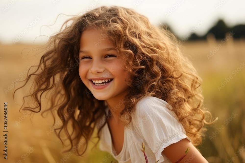Portrait of a beautiful little girl with curly hair on wheat field Portrait of a beautiful little girl with curly hair on wheat field