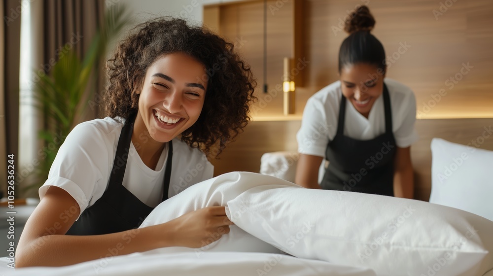 Two hotel staff members joyfully preparing a guest room with fresh linens in a luxurious setting during daylight hours Two hotel staff members joyfully preparing a guest room with fresh linens in a luxurious setting during daylight hours