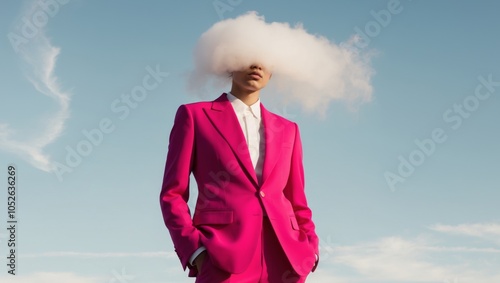 Person in pink suit with cloud obscuring head. photo