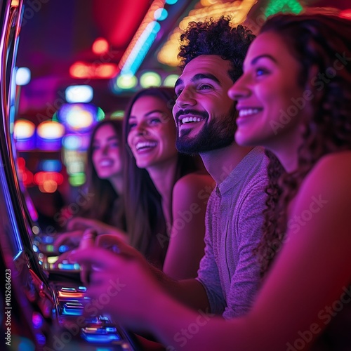 A group of young friends are having fun playing a slot machine at a casino