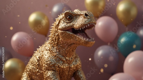 dinosaur wearing golden glitter sunglasses with many gold glitter balloons pastel pink background. photo