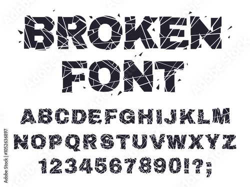 Smashed broken font. Glitch broken letters and numbers, cracked alphabet flat vector illustration set. Shattered crushed glass alphabet