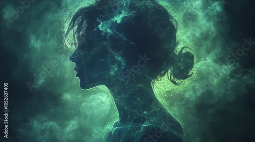 A captivating double exposure silhouette of a woman amidst an ethereal green and blue backdrop