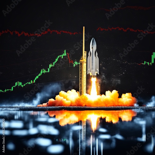 Rocket launch with stock market chart background