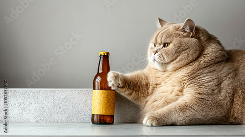 Fat cat refusing a bottle of beer photo