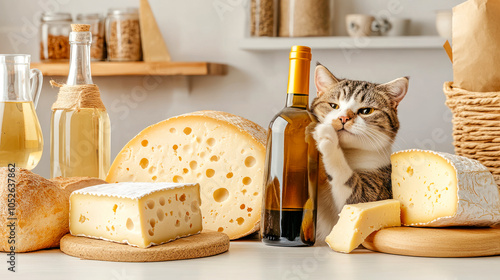 Cat holding a bottle of wine on table full of cheese photo