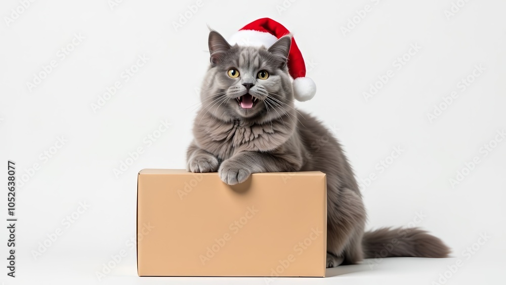 fluffy cat in Santa Claus Christmas hat sitting on large cardboard box, pet supplies delivery, mock up, template logo. fluffy cat in Santa Claus Christmas hat sitting on large cardboard box, pet supplies delivery, mock up, template logo.