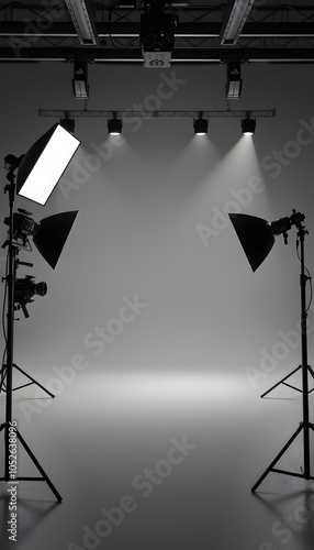 Grey photo background and professional lighting equipment in studio, space for text isolated with white highlights, png photo