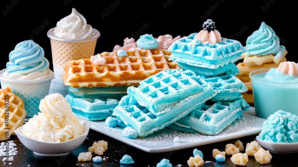 Dessert with whipped cream and Belgian waffles Dessert with whipped cream and Belgian waffles
