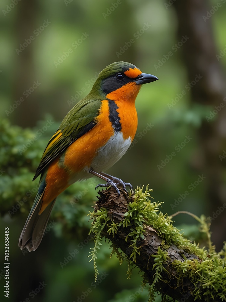 Obraz premium An orange-breasted bird on a mossy branch amid green leaves, showcasing vibrant wildlife.