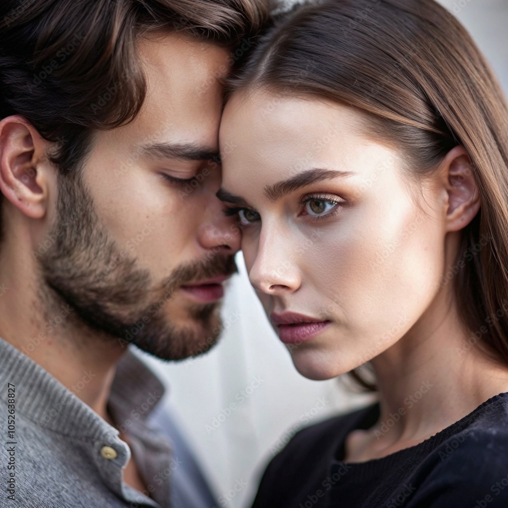 Naklejka premium Close-Up of Intimate Couple Embracing with Serious Expressions