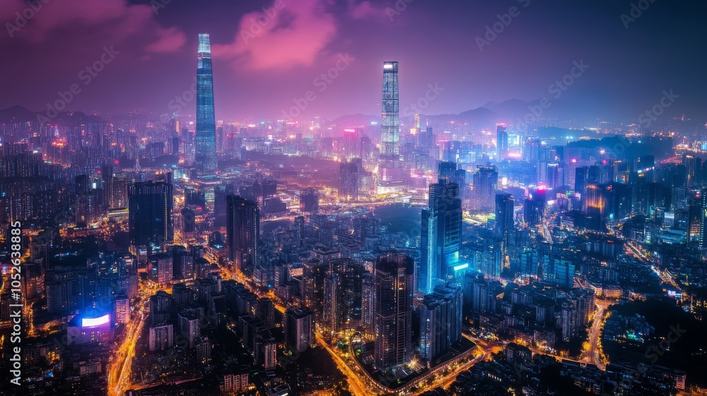 Fototapeta premium Vibrant Cityscape at Night with Skyscrapers and Lights