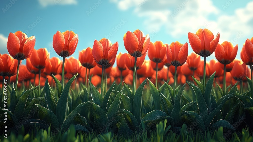 Fototapeta premium A Field of Orange Tulips Under a Blue Sky
