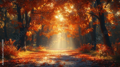 Sunbeams Illuminating an Autumnal Forest Path