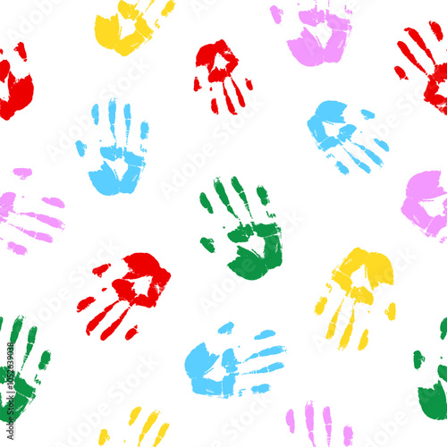 Colorful Hand prints Pattern  Vector Illustration  Kids Art Background