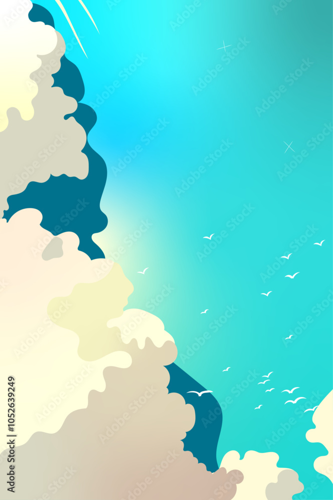 Fototapeta premium Serene Ocean with Clouds and Flying Birds Minimalist Nature Vector Illustration