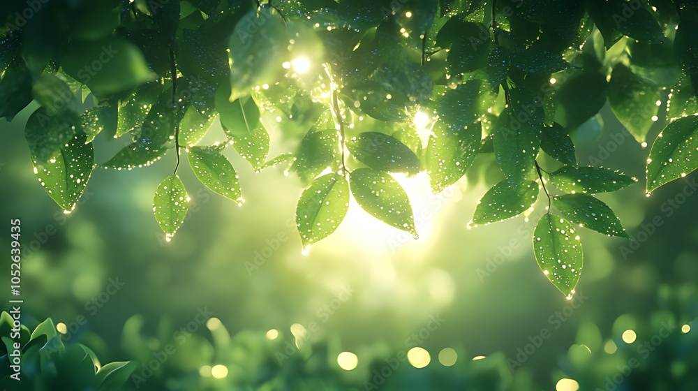 Sunlight shining through lush green leaves with water droplets on a beautiful sunny day. Sunlight shining through lush green leaves with water droplets on a beautiful sunny day.