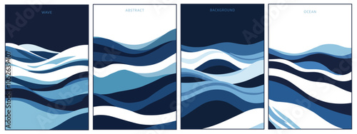 Abstract flat minimalist ocean waves design vertical posters set. Retro nature rippled sea graphic fluid shapes. Blue white colors. Modern wll art banner template social media backgdrop design. Vector photo